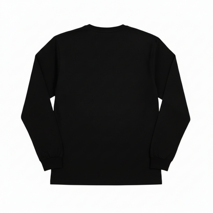 A zero skateboards black long-sleeve crewneck sweatshirt shown from the back, laid flat against a solid white background.