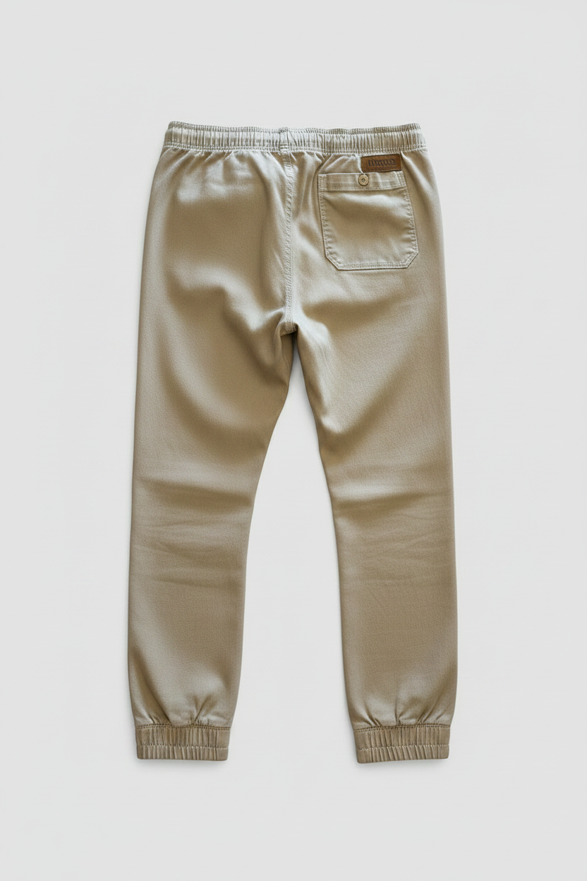 A pair of khaki slim-fit pants shown from the back, featuring an elastic waistband, a back pocket, and a small brown leather brand patch, with kingpin stamped on it.