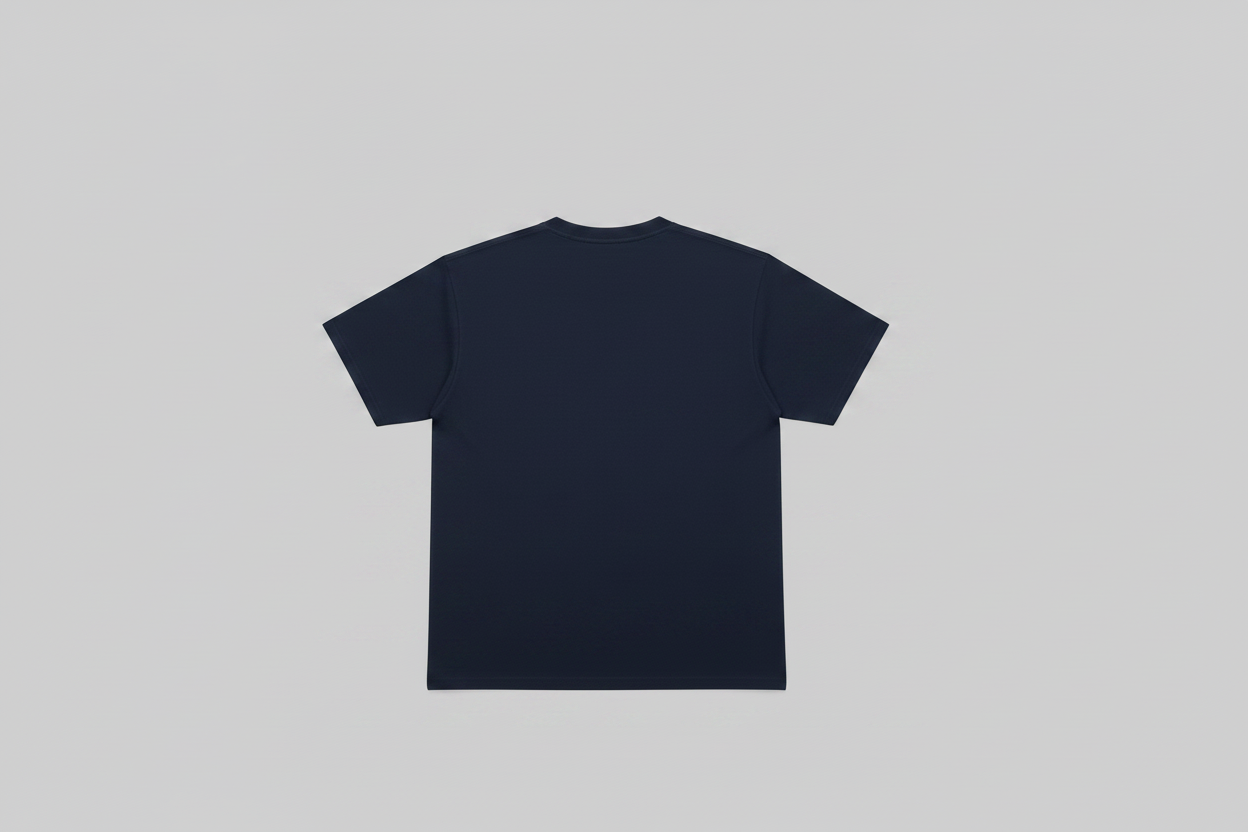 A plain navy short-sleeve crewneck t-shirt shown from the back, centered on a light gray background.