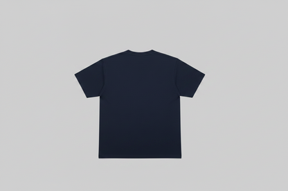 A plain navy short-sleeve crewneck t-shirt shown from the back, centered on a light gray background.