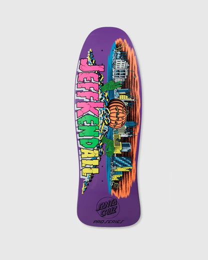 Skateboard deck with colorful graphics and text on a purple background