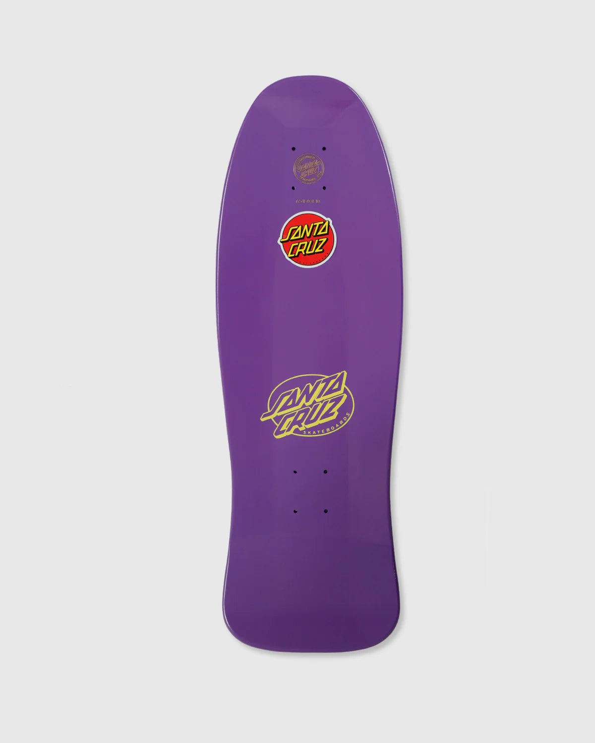Purple skateboard deck with Santa Cruz logo on a white background