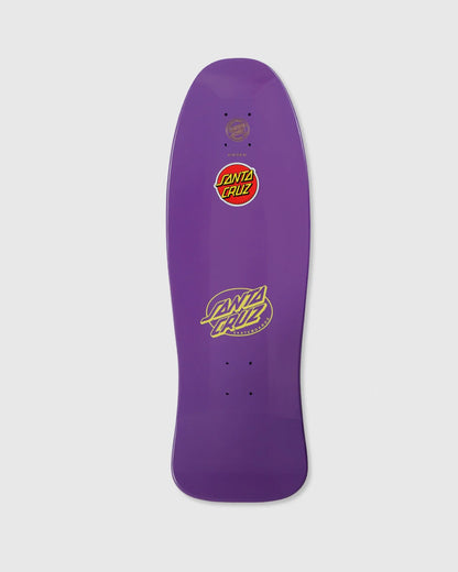 Purple skateboard deck with Santa Cruz logo on a white background