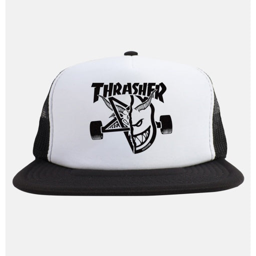 White and black cap with 'Thrasher' logo and skateboard graphic on a white background