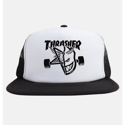 White and black cap with 'Thrasher' logo and skateboard graphic on a white background