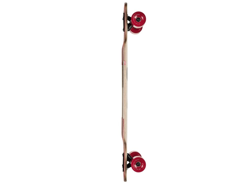 Side profile of a 35-inch drop through cruiser skateboard standing upright, highlighting the layered plywood deck edge and