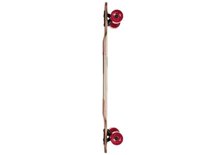 Side profile of a 35-inch drop through cruiser skateboard standing upright, highlighting the layered plywood deck edge and