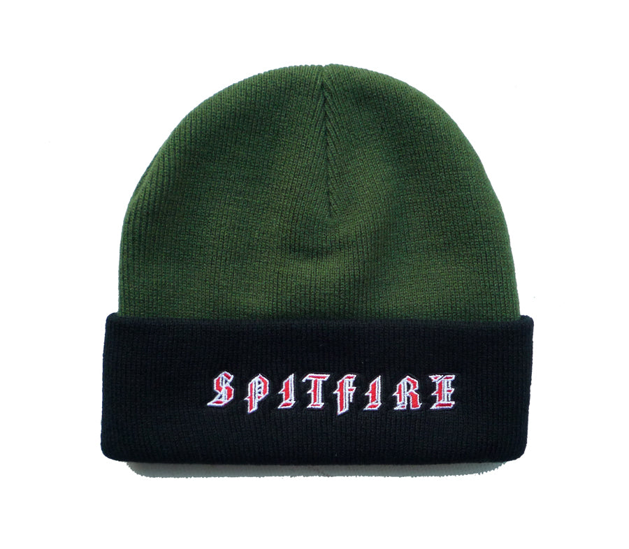 Spitfire Wheels Beanie Old E Cuff Dark Green Black Bi-Fold Skateboard Headwear