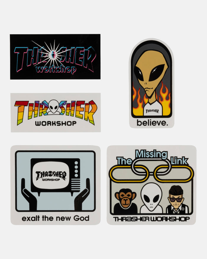 Thrasher Stickers X Aws Alien Workshop 5 Pack Assorted Skateboard Decal Sticker
