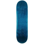 A skateboard deck with a dark blue to teal wood-grain finish, shown vertically against a plain white background.