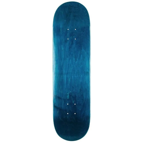 A skateboard deck with a dark blue to teal wood-grain finish, shown vertically against a plain white background.