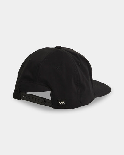 Black cap with a brand logo on a light gray background