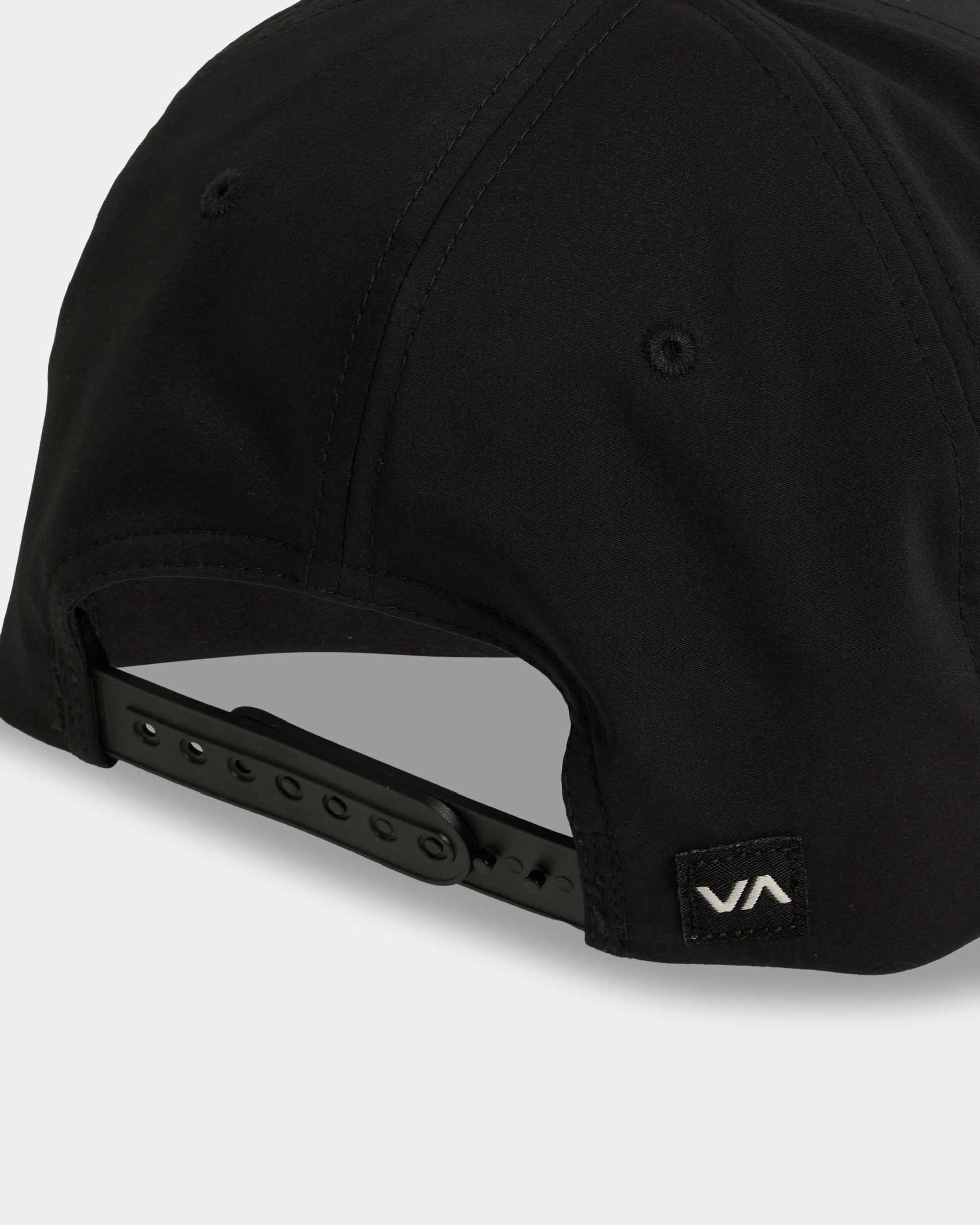 Black cap with a brand logo on a light gray background