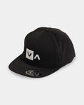 Black cap with a white logo on a white background