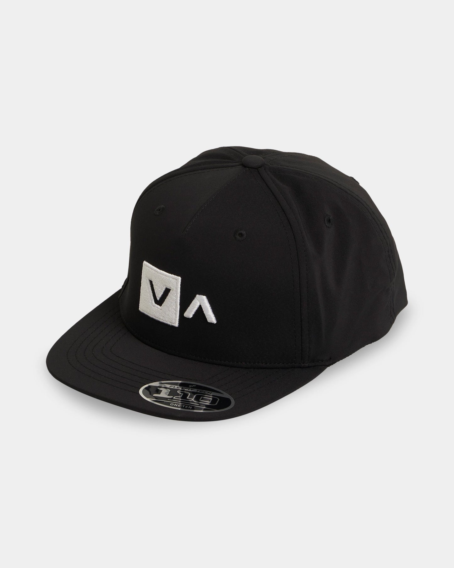 Black cap with a white logo on a white background
