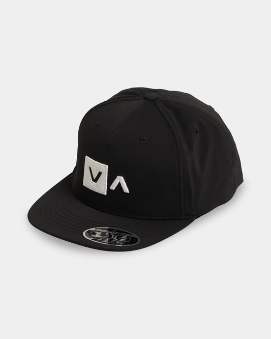 Black cap with a white logo on a white background