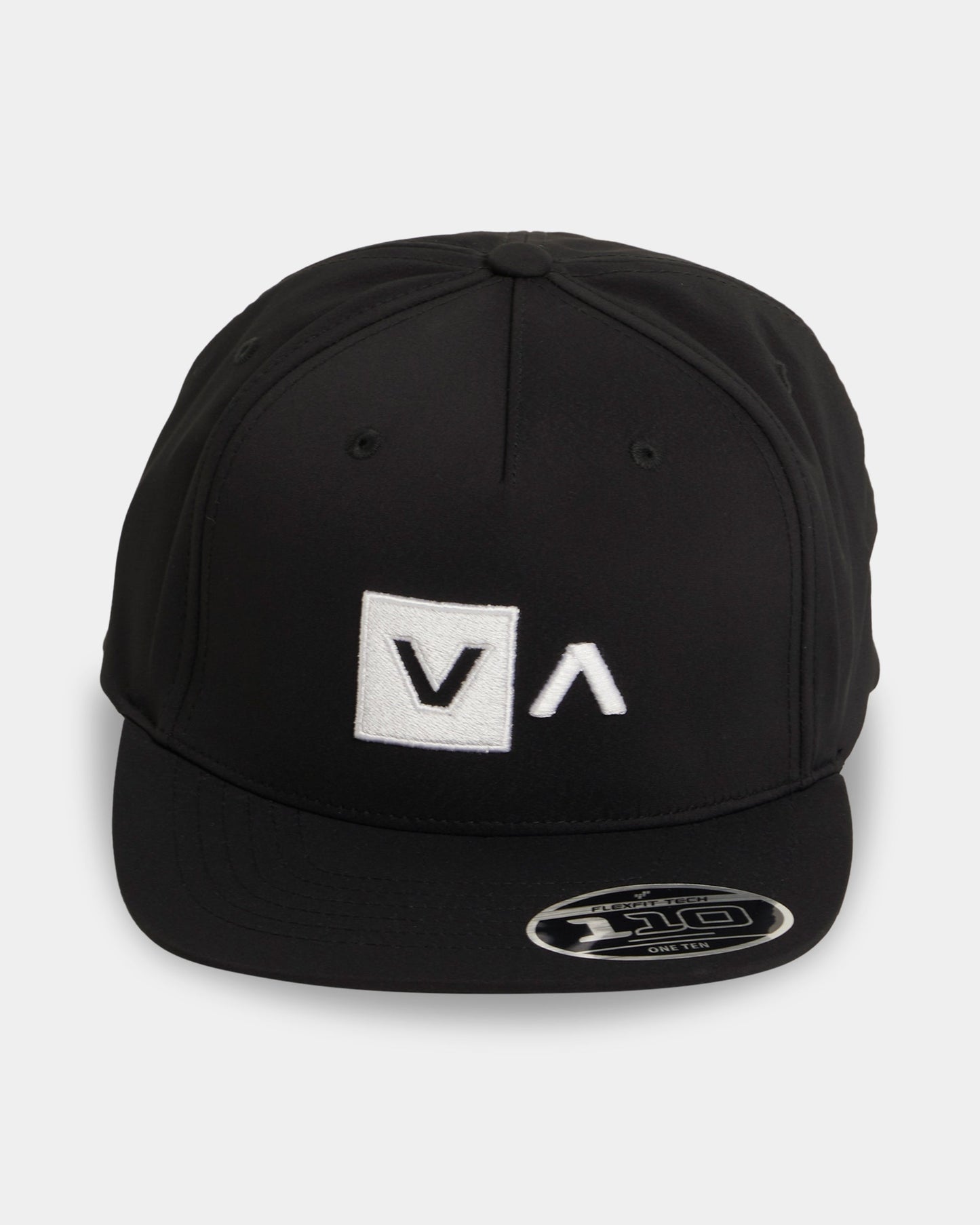 Black cap with a logo on a light gray background