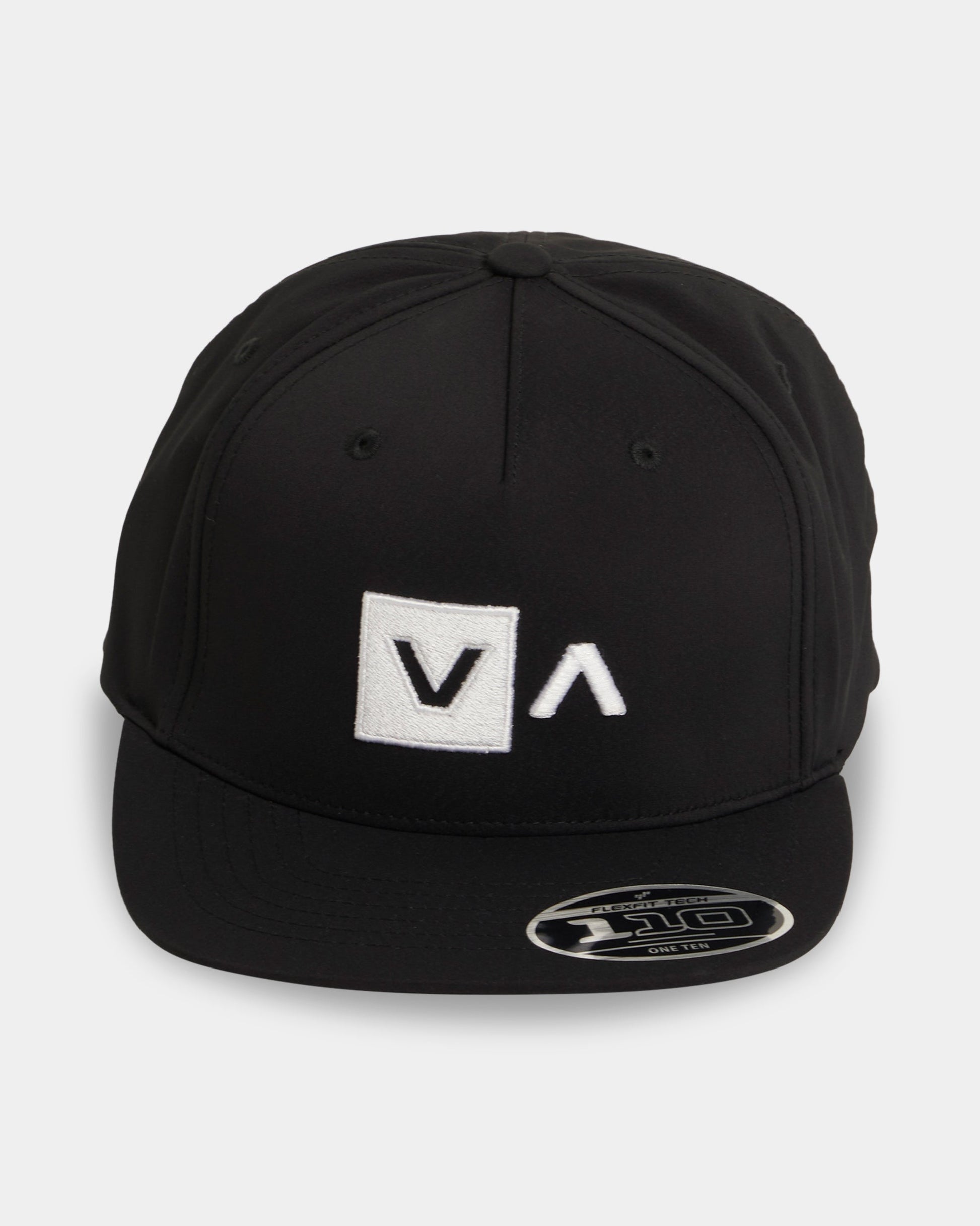 Black cap with a logo on a light gray background