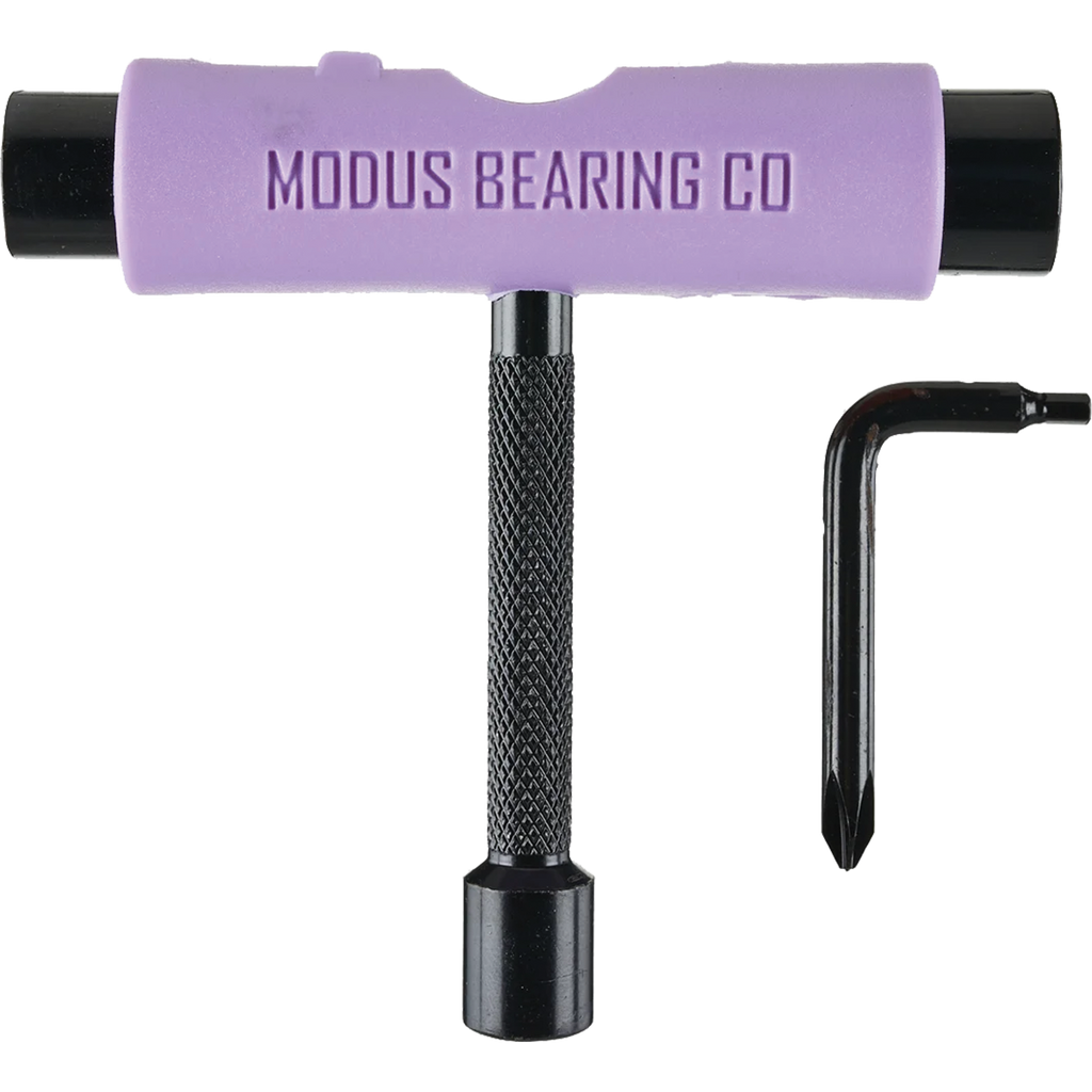 A T-shaped bearing tool with a lavender purple handle and black textured shaft, shown alongside a small black hex key on a plain white background. The handle is embossed with the brand name 'MODUS BEARING CO'.