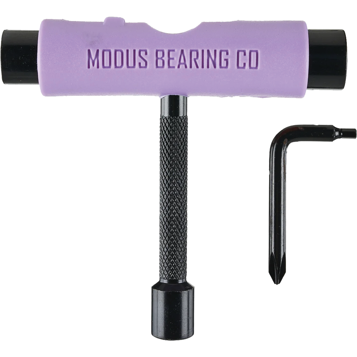 A T-shaped bearing tool with a lavender purple handle and black textured shaft, shown alongside a small black hex key on a plain white background. The handle is embossed with the brand name 'MODUS BEARING CO'.