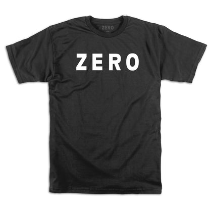 A black short-sleeve crewneck t-shirt with the word 'ZERO' printed in bold white capital letters across the chest, displayed flat against a white background.