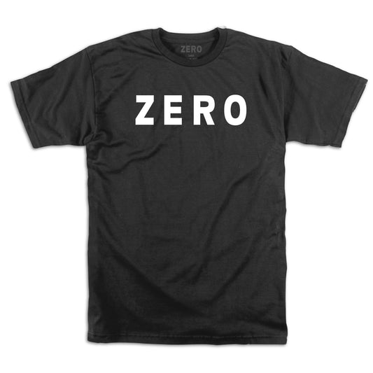 A black short-sleeve crewneck t-shirt with the word 'ZERO' printed in bold white capital letters across the chest, displayed flat against a white background.