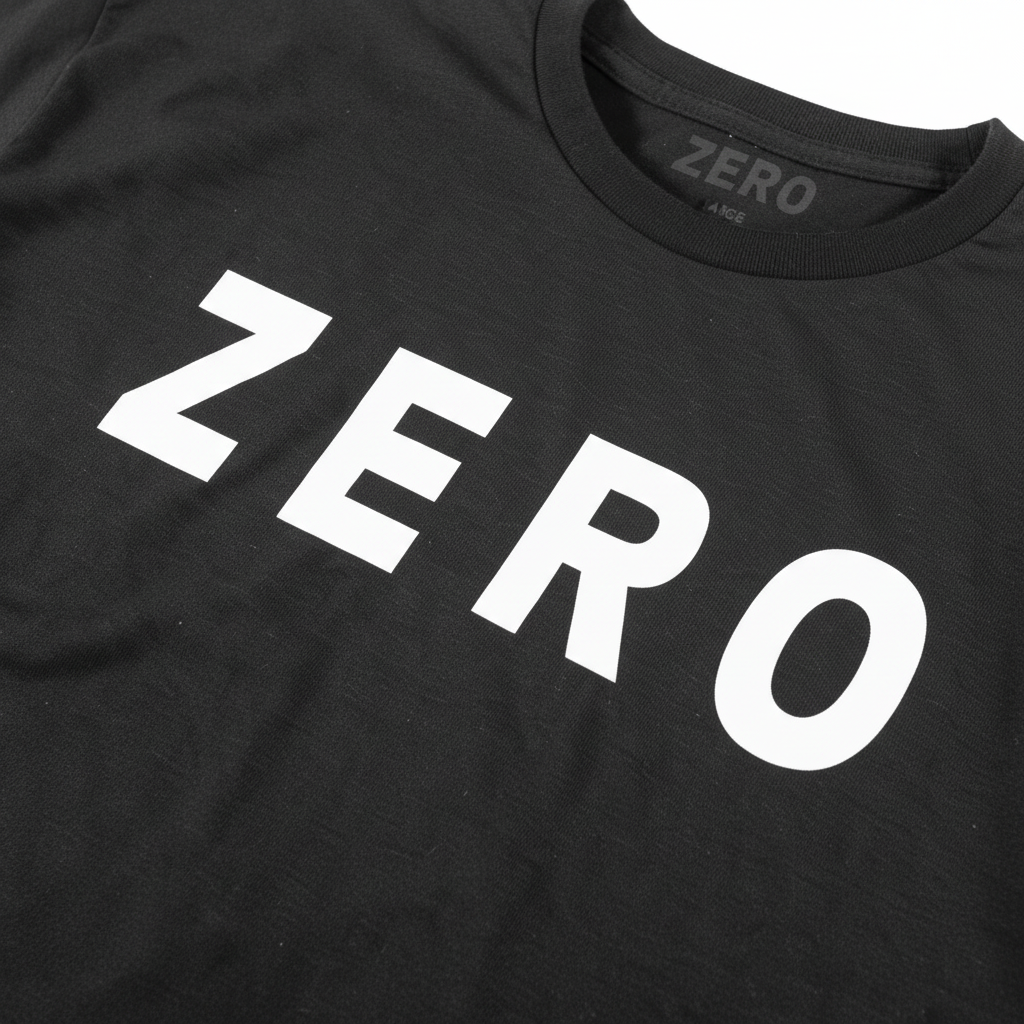 Close-up of a black crewneck t-shirt featuring the word 'ZERO' printed across the chest in large, bold white sans-serif letters. The brand name 'ZERO' is also visible inside the collar.