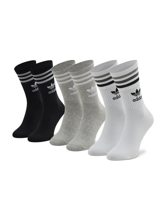 Adidas Originals Socks 3 Pack White Grey Black Mid Cut Crew Skateboarding Sox