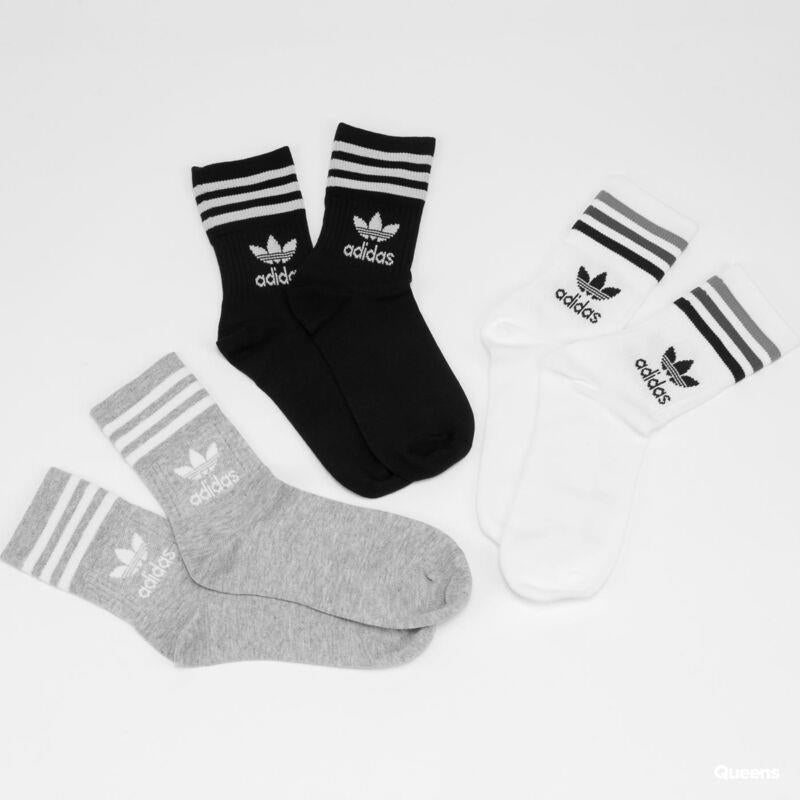 Adidas Originals Socks 3 Pack White Grey Black Mid Cut Crew Skateboarding Sox