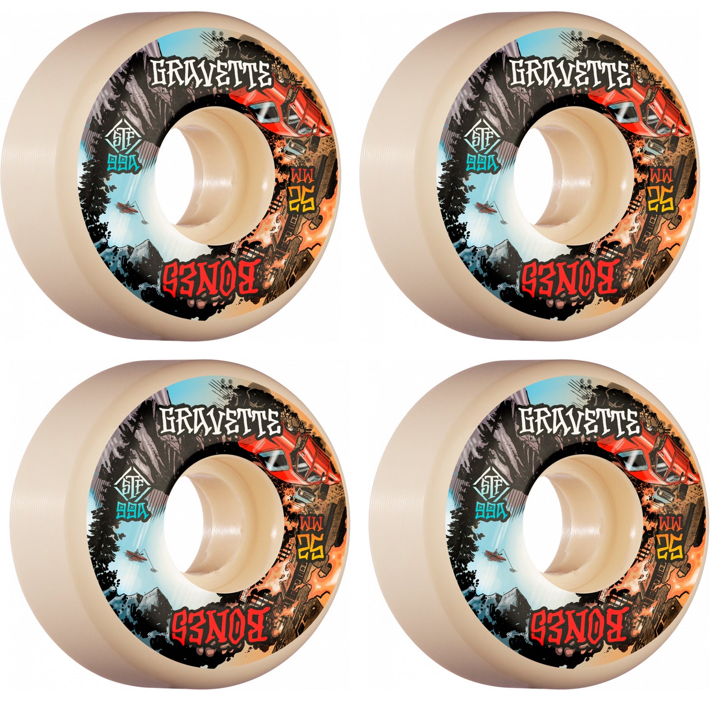 Bones Skateboard Wheels Gravette Heaven & Hell 53mm V2 Locks STF 99a