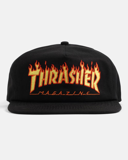 Thrasher Cap Flame Embroidered Black Snapback Skateboard Magazine Hat