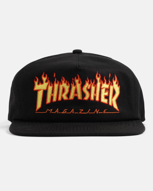 Thrasher Cap Flame Embroidered Black Snapback Skateboard Magazine Hat