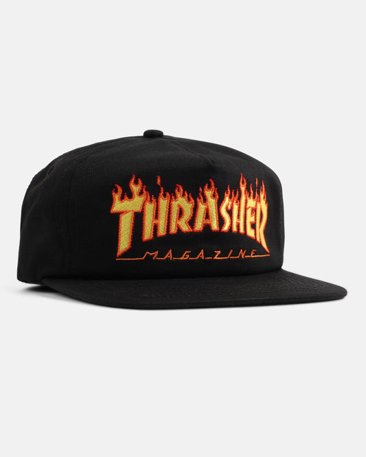 Thrasher Cap Flame Embroidered Black Snapback Skateboard Magazine Hat