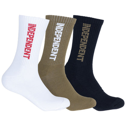 Indy Socks 3 Pack ITC Grind Crew White-GRV-Black Size 6-12 Independent Skate Sox