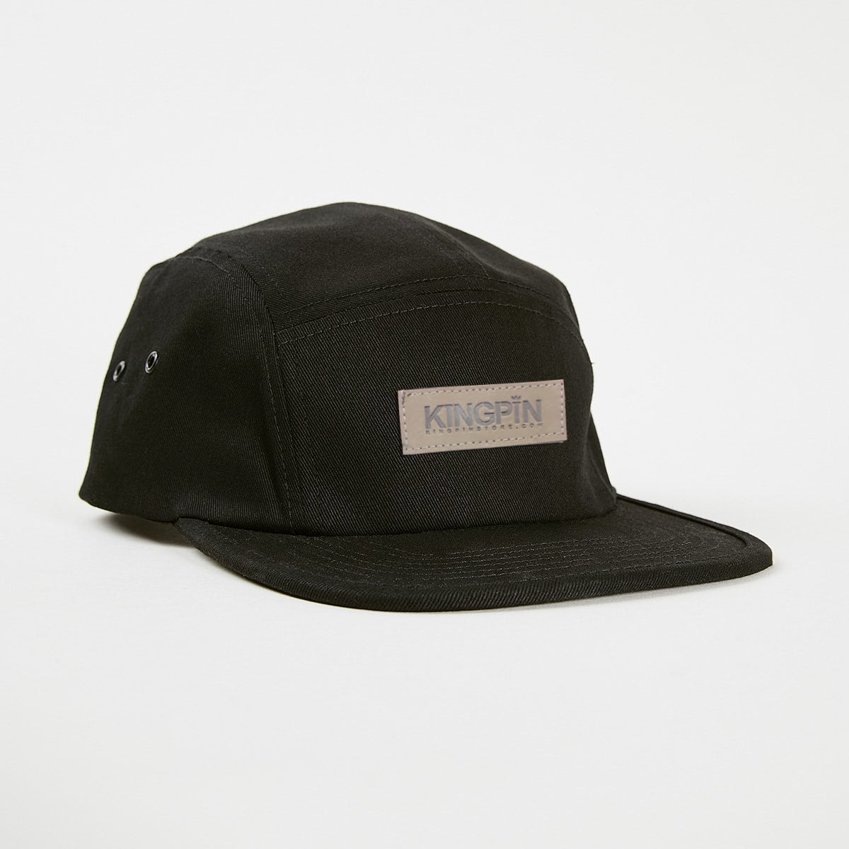 Kingpin Skate Supply Cap 5 Panel Leather Box Patch Black Skateboard Camper Hat