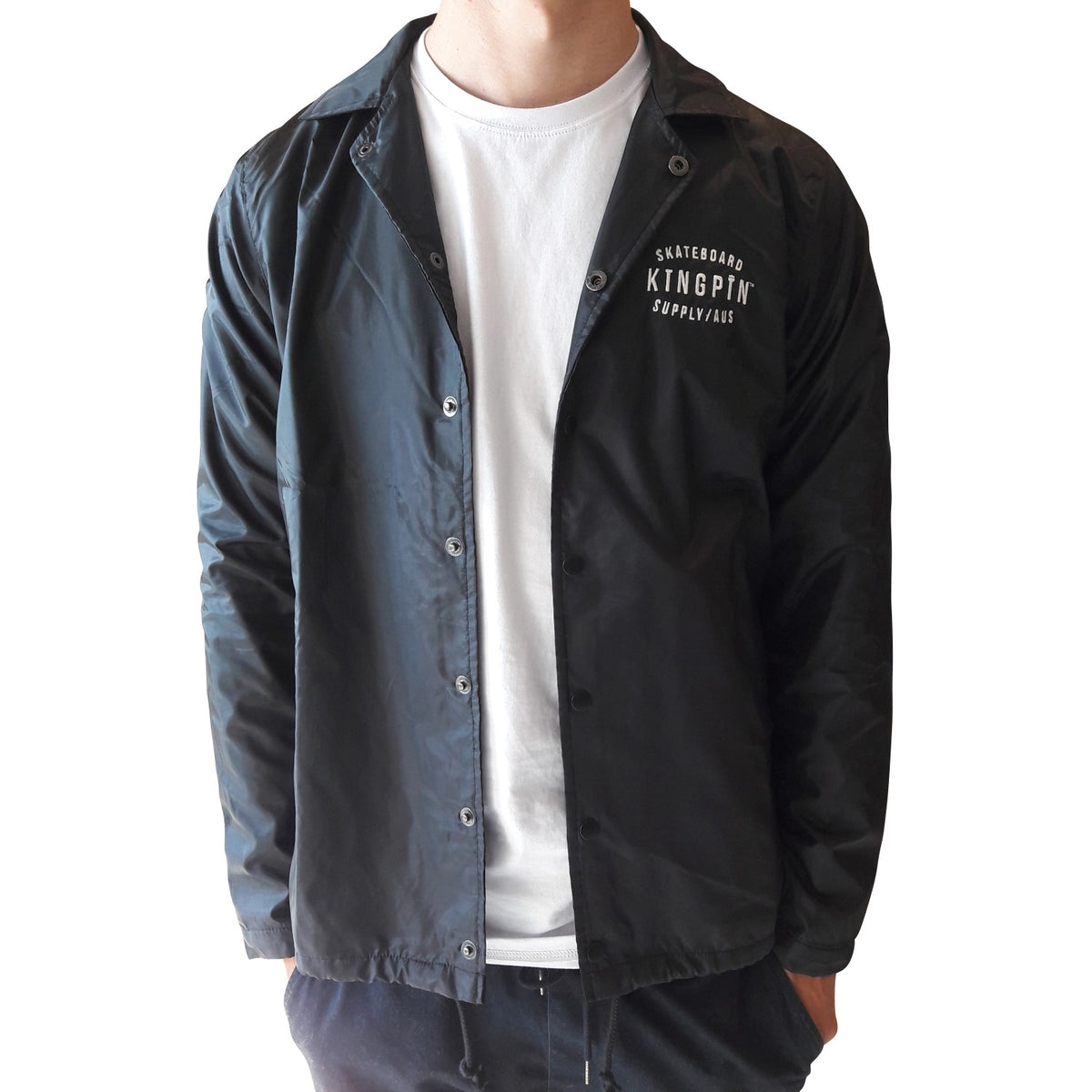 Kingpin Skate Supply Spray Jacket Black Button Up Coach