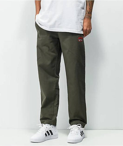 Krooked Pant Eyes Olive Red EMB Elastic Stretch Waist Skateboard Bmx Pants