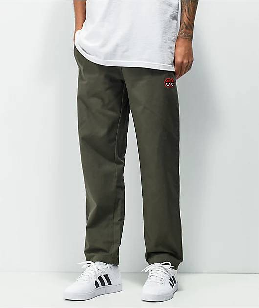 Krooked Pant Eyes Olive Red EMB Elastic Stretch Waist Skateboard Bmx Pants