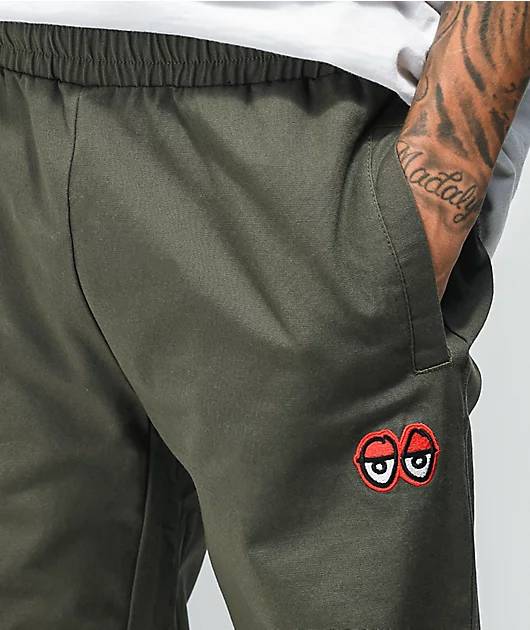 Krooked Pant Eyes Olive Red EMB Elastic Stretch Waist Skateboard Bmx Pants