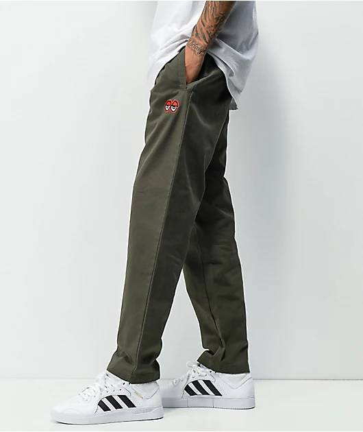 Krooked Pant Eyes Olive Red EMB Elastic Stretch Waist Skateboard Bmx Pants