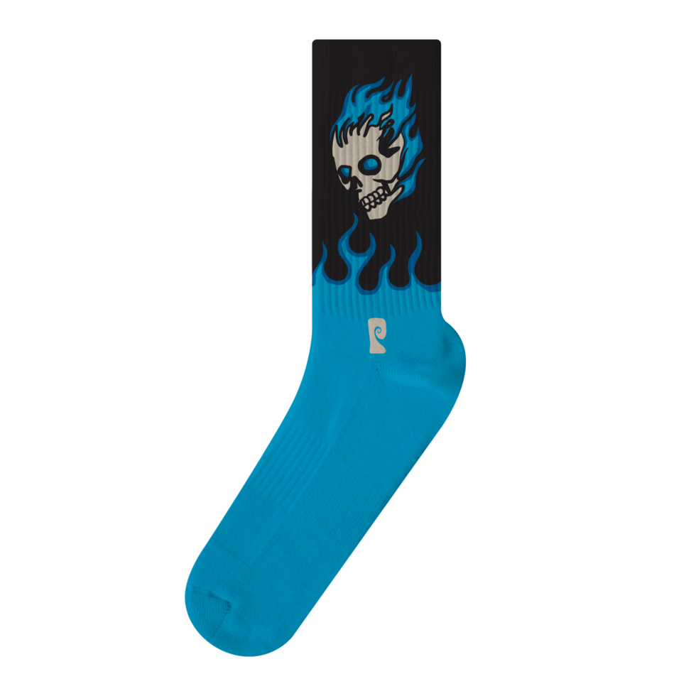 Psockadelic Socks Flaming Skull Blue Black Crew Osfm Skateboard Sox