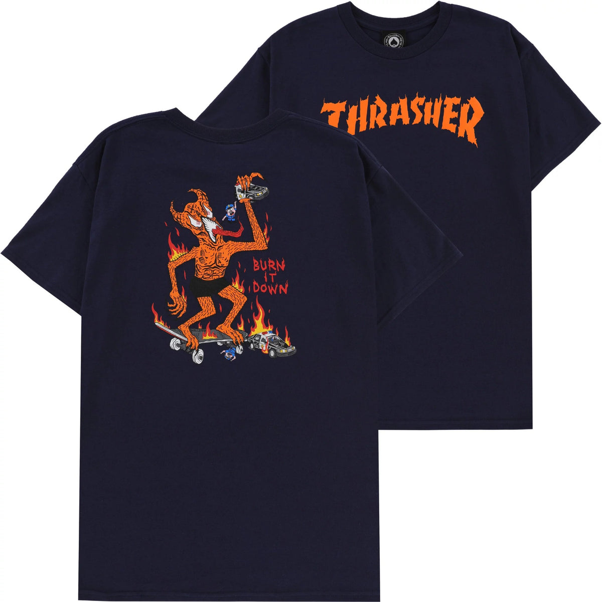 Thrasher Tee Neckface Burn It Down Navy Premium Skateboard Magazine T Shirt