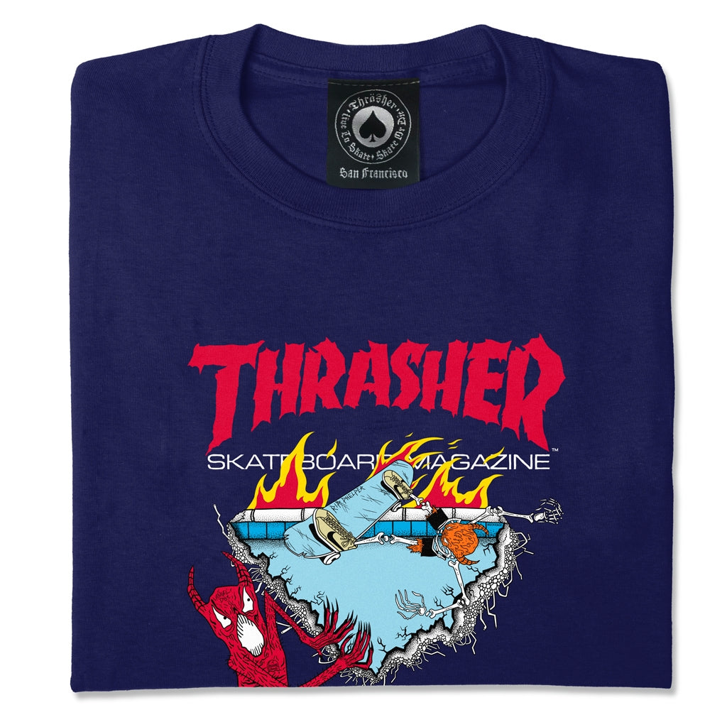 Thrasher Tee Neckface 500 Navy Premium Skateboard Magazine T Shirt