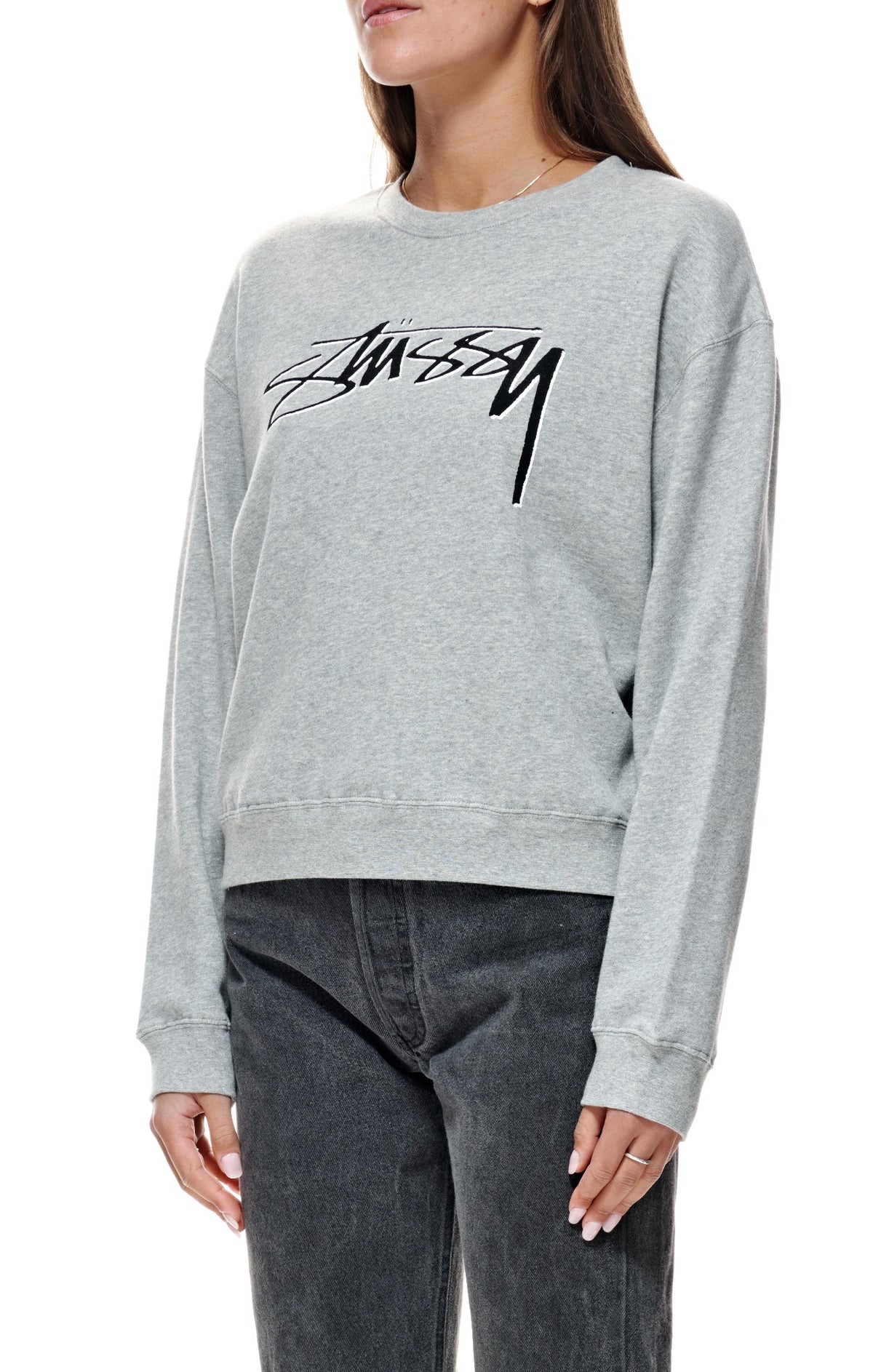 Stussy Womens Shadow Script 90S Crew Jumper Grey Marle